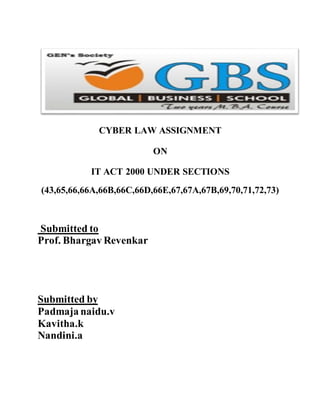 CYBER LAW ASSIGNMENT 
ON 
IT ACT 2000 UNDER SECTIONS 
(43,65,66,66A,66B,66C,66D,66E,67,67A,67B,69,70,71,72,73) 
Submitted to 
Prof. Bhargav Revenkar 
Submitted by 
Padmaja naidu.v 
Kavitha.k 
Nandini.a 
 