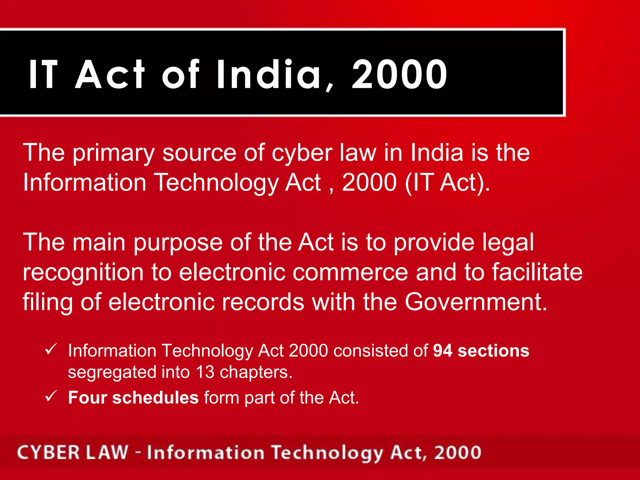 Intellectual PropertyIntellectual property refers to creations of the human mind e.g., a story, a song, a painting, a design & etc. The facets of intellectual property that relate to cyber space are covered by Cyber law.Facets of Intellectual PropertyCopyright law in relation to computer software, source code, websites, cell phone content etc. 