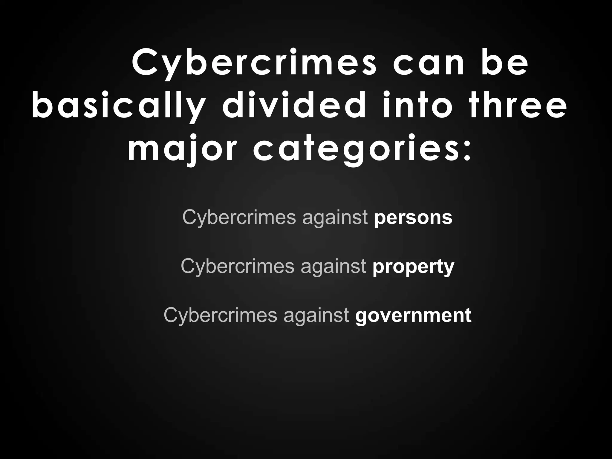Cyber crime against personsCybercrimes committed against persons include various crimes like transmission of child-pornography, harassment of any one with the use of a computer such as e-mail. The trafficking, distribution, posting, and dissemination of obscene material including pornography and indecent exposure, is one of the most important Cybercrimes known today in genre.Cyber crime against propertyThese crimes include:Computer vandalism (destruction of others' property);