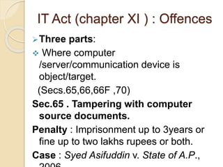 IT Act (chapter XI ) : Offences
Three parts:
 Where computer
/server/communication device is
object/target.
(Secs.65,66,66F ,70)
Sec.65 . Tampering with computer
source documents.
Penalty : Imprisonment up to 3years or
fine up to two lakhs rupees or both.
Case : Syed Asifuddin v. State of A.P.,
 
