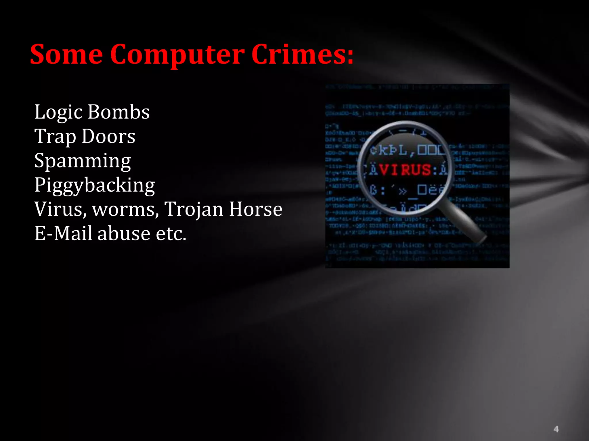 Some Computer Crimes:
Logic Bombs
Trap Doors
Spamming
Piggybacking
Virus, worms, Trojan Horse
E-Mail abuse etc.
 
