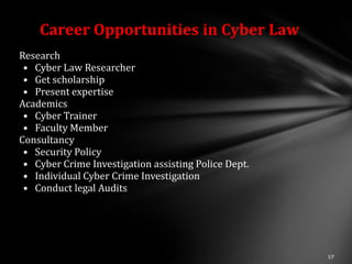 Career Opportunities in Cyber Law
Research
 • Cyber Law Researcher
 • Get scholarship
 • Present expertise
Academics
 • Cyber Trainer
 • Faculty Member
Consultancy
 • Security Policy
 • Cyber Crime Investigation assisting Police Dept.
 • Individual Cyber Crime Investigation
 • Conduct legal Audits
 