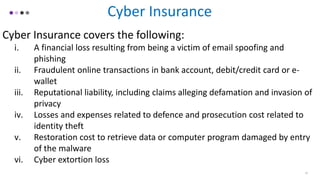 21
Cyber Insurance
Cyber Insurance covers the following:
i. A financial loss resulting from being a victim of email spoofing and
phishing
ii. Fraudulent online transactions in bank account, debit/credit card or e-
wallet
iii. Reputational liability, including claims alleging defamation and invasion of
privacy
iv. Losses and expenses related to defence and prosecution cost related to
identity theft
v. Restoration cost to retrieve data or computer program damaged by entry
of the malware
vi. Cyber extortion loss
 