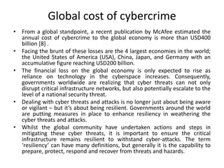 Global cost of cybercrime
• From a global standpoint, a recent publication by McAfee estimated the
annual cost of cybercrime to the global economy is more than USD400
billion [8] .
• Facing the brunt of these losses are the 4 largest economies in the world;
the United States of America (USA), China, Japan, and Germany with an
accumulative figure reaching USD200 billion.
• The financial loss on the global economy is only expected to rise as
reliance on technology in the cyberspace increases. Consequently,
governments worldwide are realizing that cyber threats can not only
disrupt critical infrastructure networks, but also potentially escalate to the
level of a national security threat.
• Dealing with cyber threats and attacks is no longer just about being aware
or vigilant – but it’s about being resilient. Governments around the world
are putting measures in place to enhance resiliency in weathering the
cyber threats and attacks.
• Whilst the global community have undertaken actions and steps in
mitigating these cyber threats, it is important to ensure the critical
infrastructure remains resilient to withstand cyber-attacks. The term
‘resiliency’ can have many definitions, but generally it is the capability to
prepare, protect, respond and recover from threats and hazards.
 