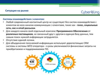 Ситуация на рынке 
Системы взаимодействия с клиентом: 
•Любой современный контактный центр не существуют без систем взаимодействия с клиентом во всех каналах коммуникации с клиентами, такие как - голос, социальные сети, смс и email рассылки. 
•Для каждого канала свой отдельный комплекс Программного Обеспечения от различных поставщиков, не связанный друг с другом в единую базу данных, тем самым поиск нужной информации затрудняется. 
•Отсутствие единой логики. 
•Для объединения получаемой информации используют дорогостоящие CRM системы и системы WFO оператора – в разы увеличиваются финансовые затраты на приобретаемое и поддерживаемое ПО.  