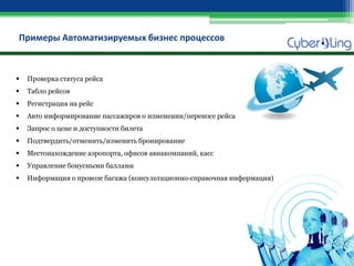 Примеры Автоматизируемых бизнес процессов 
Проверка статуса рейса 
Табло рейсов 
Регистрация на рейс 
Авто информирование пассажиров о изменении/переносе рейса 
Запрос о цене и доступности билета 
Подтвердить/отменить/изменить бронирование 
Местонахождение аэропорта, офисов авиакомпаний, касс 
Управление бонусными баллами 
Информация о провозе багажа (консультационно-справочная информация)  