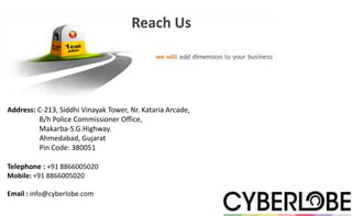 Reach Us




Address: C-213, Siddhi Vinayak Tower, Nr. Kataria Arcade,
         B/h Police Commissioner Office,
         Makarba-S.G.Highway.
         Ahmedabad, Gujarat
         Pin Code: 380051

Telephone : +91 8866005020
Mobile: +91 8866005020

Email : info@cyberlobe.com
 