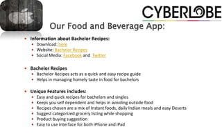 Our Food and Beverage App:
 Information about Bachelor Recipes:
    Download: here
    Website: Bachelor Recipes
    Social Media: Facebook and Twitter


 Bachelor Recipes
    Bachelor Recipes acts as a quick and easy recipe guide
    Helps in managing homely taste in food for bachelors

 Unique Features includes:
      Easy and quick recipes for bachelors and singles
      Keeps you self dependent and helps in avoiding outside food
      Recipes chosen are a mix of Instant foods, daily Indian meals and easy Deserts
      Suggest categorized grocery listing while shopping
      Product buying suggestion
      Easy to use interface for both iPhone and iPad
 