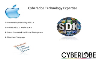 CyberLobe Technology Expertise



 iPhone OS compatibility: iOS 3.x

 iPhone SDK 3.1, iPhone SDK 4.

 Cocoa Framework for iPhone development

 Objective C Language
 