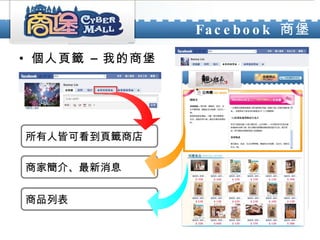 Facebook  商堡 個人頁籤 – 我的商堡 商品列表 商家簡介、最新消息 所有人皆可看到頁籤商店 