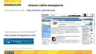 Как изменялся сайт – http://archive.org/index.php
Как следить за изменениями?*
http://www.changedetect.com/
* лично не проверял, но очень рекомендовали друзья
Анализ сайта конкурента
 