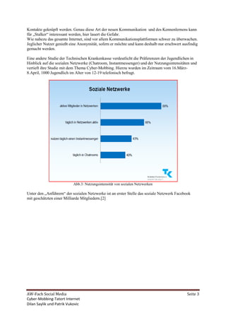 AW-Fach Social Media Seite 3
Cyber-Mobbing-Tatort Internet
Dilan Saylik und Patrik Vukovic
Kontakte geknüpft werden. Genau diese Art der neuen Kommunikation und des Kennenlernens kann
für „Stalker“ interessant werden, hier lauert die Gefahr.
Wie nahezu das gesamte Internet, sind vor allem Kommunikationsplattformen schwer zu überwachen.
Jeglicher Nutzer genießt eine Anonymität, sofern er möchte und kann deshalb nur erschwert ausfindig
gemacht werden.
Eine andere Studie der Technischen Krankenkasse verdeutlicht die Präferenzen der Jugendlichen in
Hinblick auf die sozialen Netzwerke (Chatroom, Instantmessenger) und der Nutzungsintensitäten und
vertieft ihre Studie mit dem Thema Cyber-Mobbing. Hierzu wurden im Zeitraum vom 16.März-
8.April, 1000 Jugendlich im Alter von 12-19 telefonisch befragt.
Abb.3: Nutzungsintensität von sozialen Netzwerken
Unter den „Anführern“ der sozialen Netzwerke ist an erster Stelle das soziale Netzwerk Facebook
mit geschätzten einer Milliarde Mitgliedern.[2]
 
