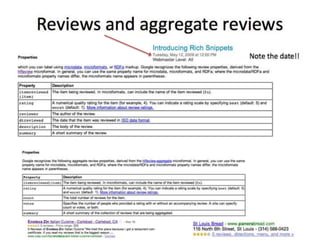 Rich SnippetsGoogle now supports Rich snippets forPeopleEventsBusinesses and organizationsReviewsRecipesProductsBreadcrumbsLocal Searchhttp://rdf.data-vocabulary.org/#