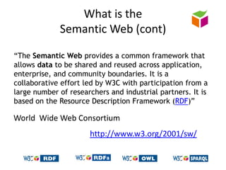 What is the Semantic Web (cont)“The Semantic Web provides a common framework that allows data to be shared and reused across application, enterprise, and community boundaries. It is a collaborative effort led by W3C with participation from a large number of researchers and industrial partners. It is based on the Resource Description Framework (RDF)”World  Wide Web Consortiumhttp://www.w3.org/2001/sw/