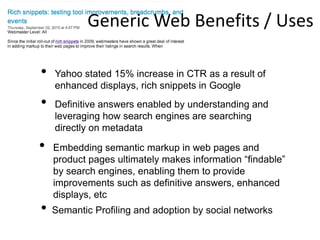 Generic Web Benefits / UsesYahoo stated 15% increase in CTR as a result of enhanced displays, rich snippets in Google