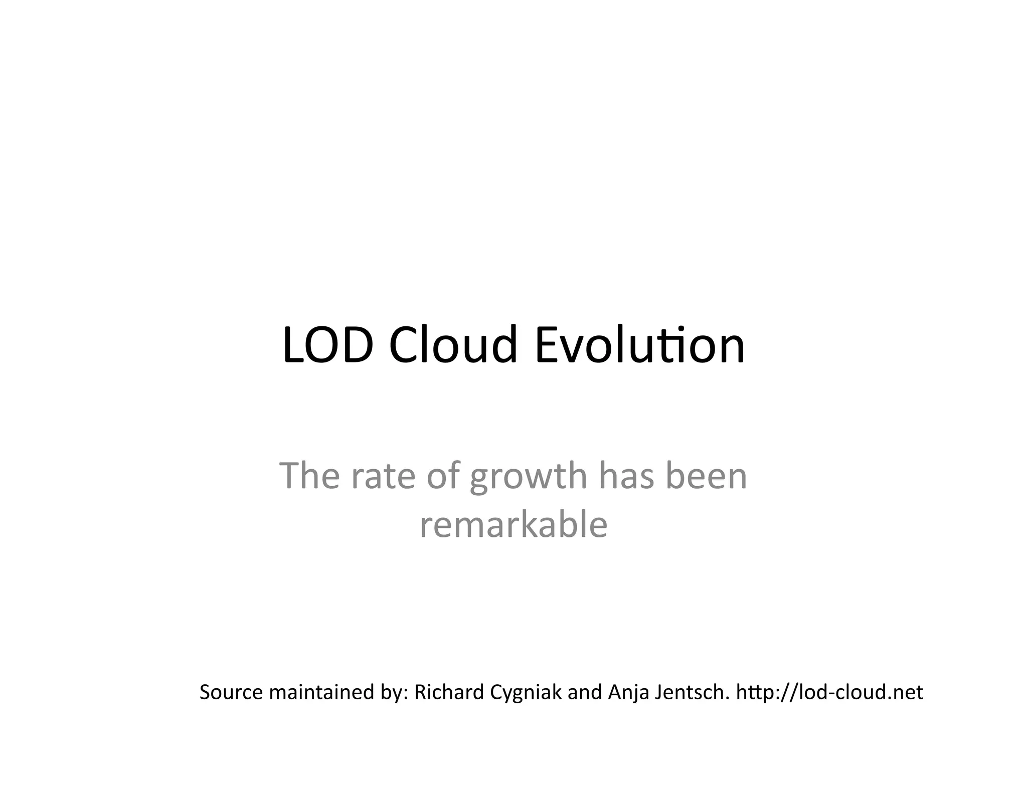 LOD	
  Cloud	
  Evolu)on	
  

           The	
  rate	
  of	
  growth	
  has	
  been	
  
                       remarkable	
  


Source	
  maintained	
  by:	
  Richard	
  Cygniak	
  and	
  Anja	
  Jentsch.	
  hZp://lod-­‐cloud.net	
  
 