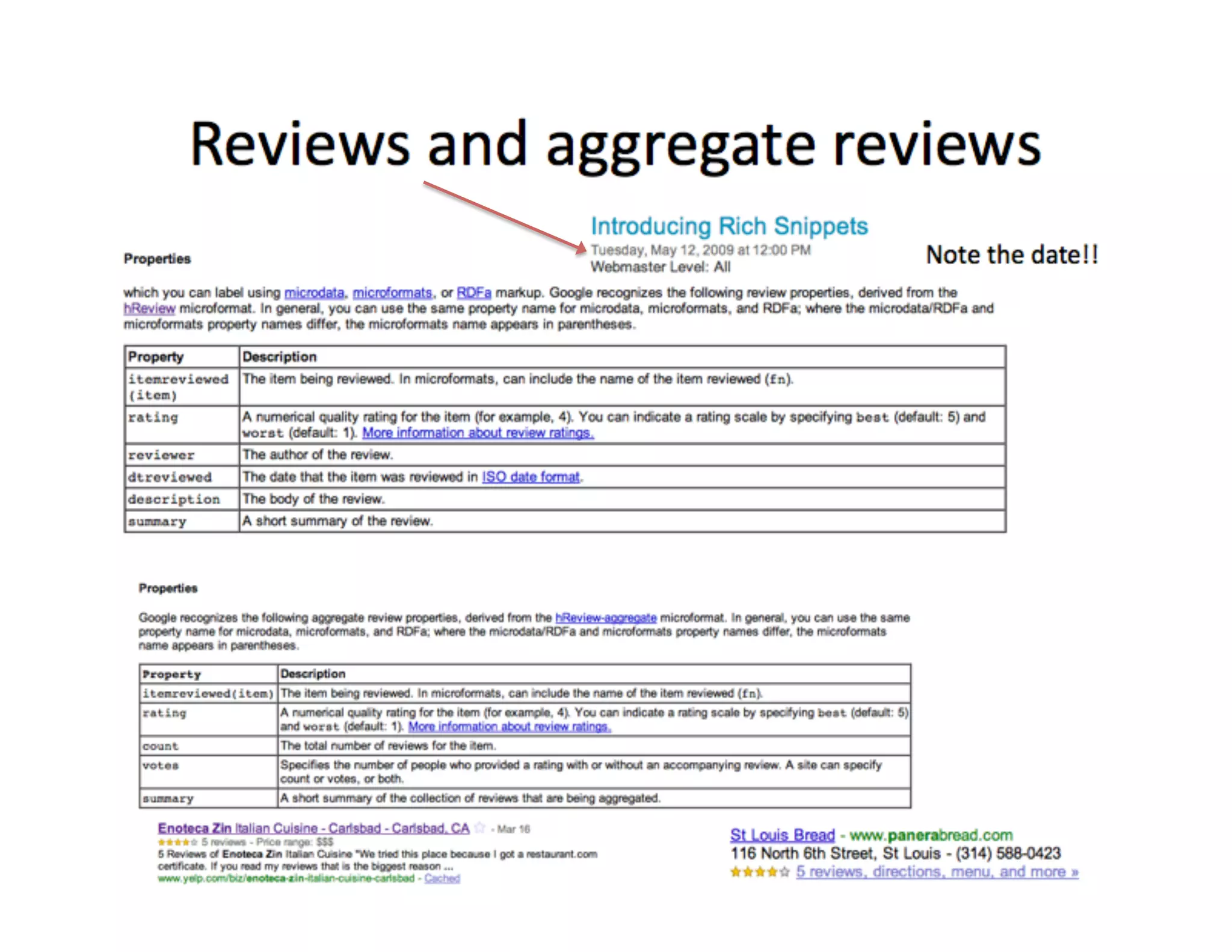 Rich	
  Snippets	
  
•  Google	
  now	
  supports	
  Rich	
  snippets	
  for	
  
     –  People	
  
     –  Events	
  
     –  Businesses	
  and	
  organiza)ons	
  
     –  Reviews	
  
     –  Recipes	
  
     –  Products	
  
     –  Breadcrumbs	
  
     –  Local	
  Search	
  

hZp://rdf.data-­‐vocabulary.org/#	
  
 