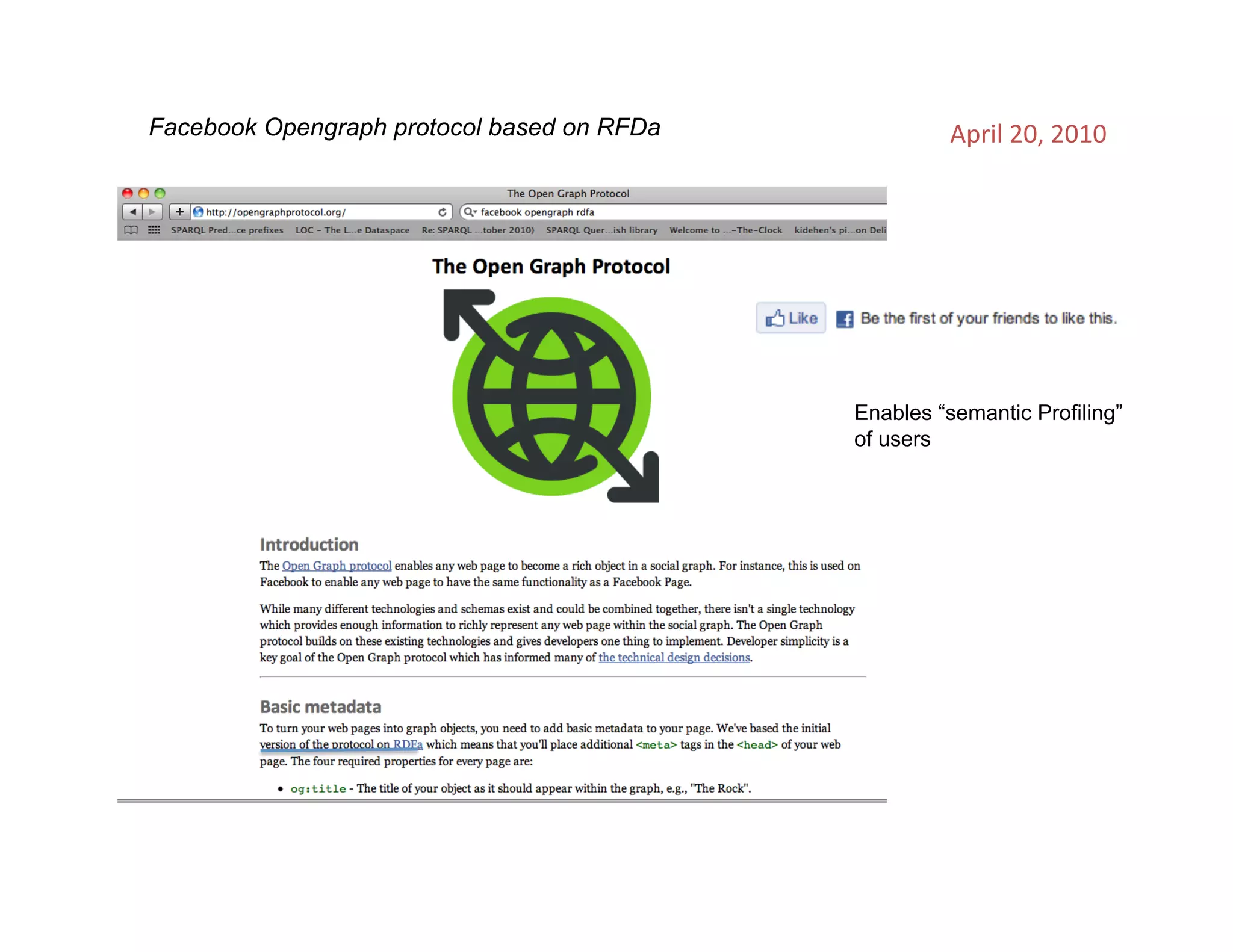 Facebook Opengraph protocol based on RFDa            April	
  20,	
  2010	
  




                                            Enables “semantic Profiling”
                                            of users
 