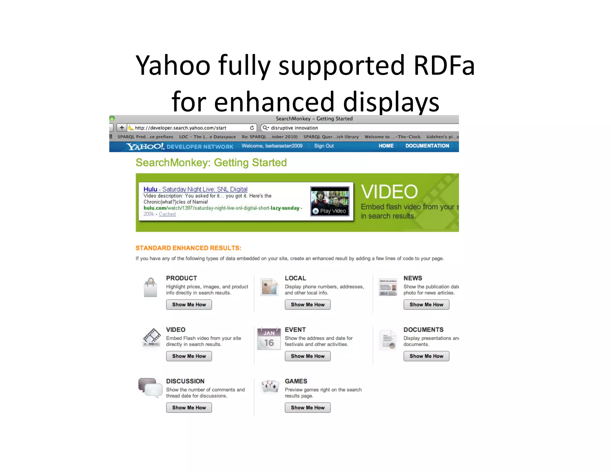 Yahoo	
  fully	
  supported	
  RDFa	
  	
  
   for	
  enhanced	
  displays	
  
 