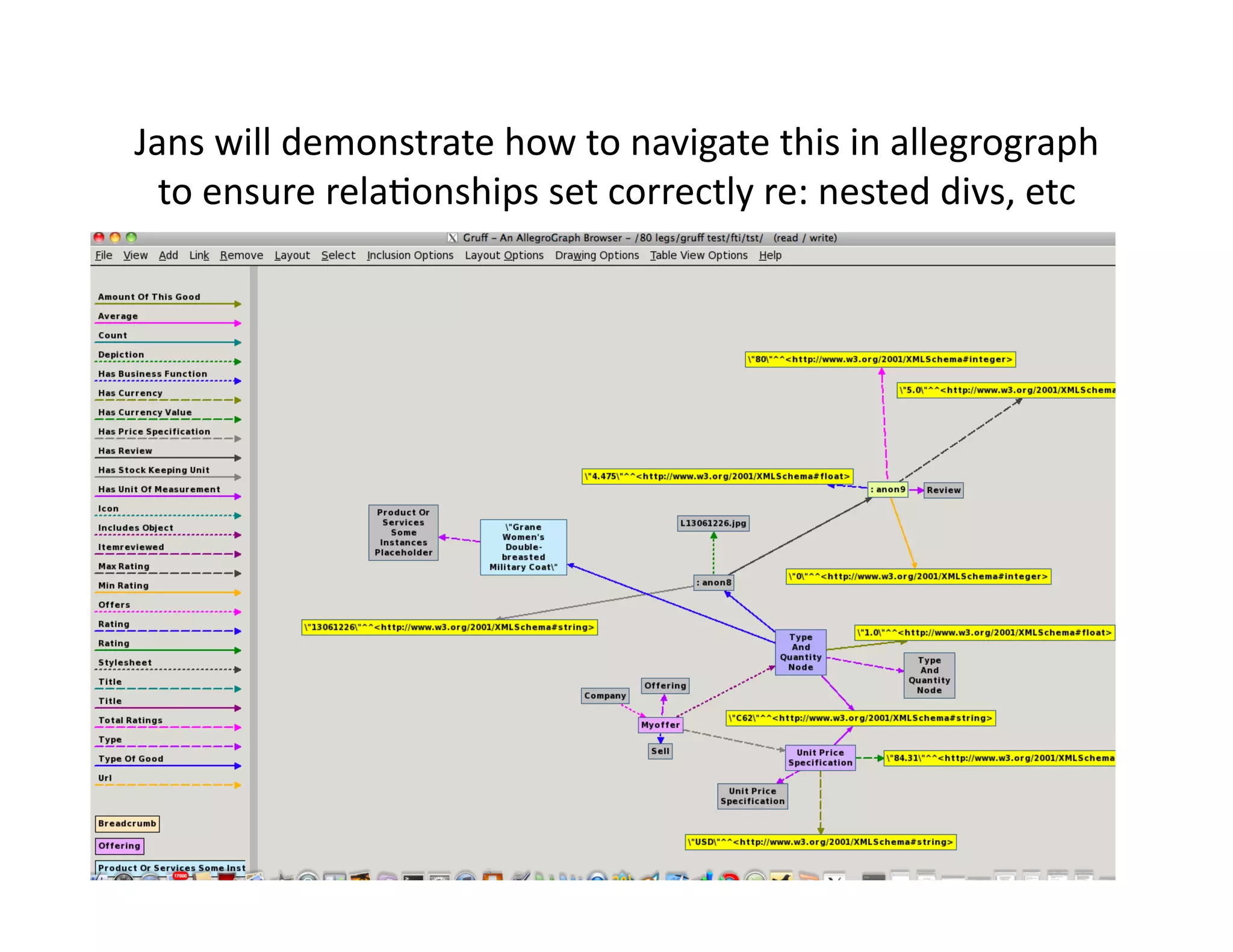 Jans	
  will	
  demonstrate	
  how	
  to	
  navigate	
  this	
  in	
  allegrograph	
  
  to	
  ensure	
  rela)onships	
  set	
  correctly	
  re:	
  nested	
  divs,	
  etc	
  
 