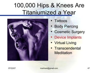 100,000 Hips & Knees Are Titaniumized a Year <ul><li>Tattoos </li></ul><ul><li>Body Piercing </li></ul><ul><li>Cosmetic Su...