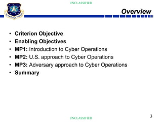 3
UNCLASSIFIED
UNCLASSIFIED
Overview
• Criterion Objective
• Enabling Objectives
• MP1: Introduction to Cyber Operations
• MP2: U.S. approach to Cyber Operations
• MP3: Adversary approach to Cyber Operations
• Summary
 