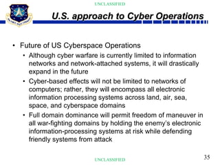 35
UNCLASSIFIED
UNCLASSIFIED
• Future of US Cyberspace Operations
• Although cyber warfare is currently limited to information
networks and network-attached systems, it will drastically
expand in the future
• Cyber-based effects will not be limited to networks of
computers; rather, they will encompass all electronic
information processing systems across land, air, sea,
space, and cyberspace domains
• Full domain dominance will permit freedom of maneuver in
all war-fighting domains by holding the enemy’s electronic
information-processing systems at risk while defending
friendly systems from attack
U.S. approach to Cyber Operations
 