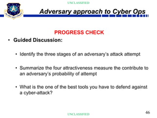 46
UNCLASSIFIED
UNCLASSIFIED
PROGRESS CHECK
• Guided Discussion:
• Identify the three stages of an adversary’s attack attempt
• Summarize the four attractiveness measure the contribute to
an adversary’s probability of attempt
• What is the one of the best tools you have to defend against
a cyber-attack?
Adversary approach to Cyber Ops
 