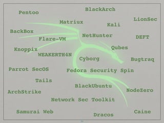 Kali
BackBox
Parrot SecOS
BlackArch
DEFT
Samurai Web
Pentoo
Caine
Network Sec Toolkit
Fedora Security Spin
Bugtraq
ArchStrike
Cyborg
Matriux
WEAKERTH4N
BlackUbuntu
LionSec
Dracos
Qubes
Flare-VM
Tails
NetHunter
NodeZero
Knoppix
34
 