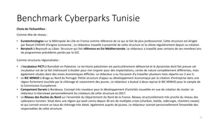 Benchmark Cyberparks Tunisie
Choix de l’échantillon :
Comme tête de réseau :
• Euratechnologies sur la Métropole de Lille en France comme référence de ce qui se fait de plus professionnel. Cette structure est dirigée
par Raouti CHEHIH d’origine tunisienne ; Le rédacteur travaille à proximité de cette structure et la côtoie régulièrement depuis sa création
• Berytech à Beyrouth au Liban. Structure qui fait référence en Est Méditerrannée. Le rédacteur a travaillé avec certains de ses membres lors
de programmes précédents portés par la GIZ.
Comme structures régionalisées :
• L’incubateur PICTI à Ramallah en Palestine. Le territoire palestinien est particulièrement défavorisé et le dynamiste dont fait preuve cet
incubateur est de ce fait intéressant à étudier pour s’en inspirer pour des implantations, certes de nature complétement différentes, mais
également situées dans des zones économiques difficiles. Le rédacteur a eu l’occasion d’y travailler plusieurs mois répartis sur 2 ans ½.
• Le BIC MINHO à Braga au Nord du Portugal. Petite structure d’appui au développement économique par la création d’entreprise dans une
région fortement touchée par le chômage et notamment des jeunes. Le rédacteur a évalué à deux reprise le BIC MINHO pour le compte de
la Commission Européenne.
• Campement Darwin à Bordeaux. Concept très novateur pour le développement d’activités nouvelles en vue de création de cluster. Le
rédacteur à interviewé personnellement les créateurs de cette structure en 2017.
• Le Réseau des Ruches du Nord sur l’ensemble du Département du Nord de la France. Réseau structurellement très proche du réseau des
cyberparcs tunisien. Situé dans une région qui avait connu depuis 30 ans de multiples crises (charbon, textile, sidérurgie, chantiers navals)
et qui connait encore un taux de chômage très élevé, également auprès de jeunes. Le rédacteur connait personnellement l’ensemble des
responsables de cette structure.
11
 