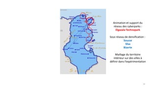 Animation et support du
réseau des cyberparks :
Elgazala Technopark
Sous réseau de densification :
Sousse
Sfax
Bizerte
Maillage du territoire
intérieur sur des villes à
définir dans l’expérimentation
14
 