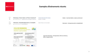 Exemples d’événements récents
Atelier : Comment bâtir un plan commercial
Séminaire : Entrepreneuriat et compétitivité
Cycle de séminaires : Entreprendre à 40 ans et 60 ans,
défis et opportunités
21
 