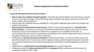 Le plan de restructuration lié à la mise en réseau
• Mise en place d’un système de gestion partagé. L’ensemble des actes de gestion sont inscrit dans un logiciel
commun et partagé. Avantages : Moins d’échanges papier, validation plus rapide, économie de coûts et de
temps, meilleur suivi de la gestion
• Mise en place de convention d’accueil préalable de 3 mois avant l’intégration pour ajuster les conditions de
création d’entreprises.
• Mise en place d’un évènement annuel commun : Chaque année ont été organisés les « Printemps de la
jeune entreprise » constitué par un bouquet d’événement organisé dans chaque ruche durant la saison du
printemps. Chaque ruche proposant un événement en rapport avec sa compétence principale. La
communication est commune sur l’ensemble des manifestations et le coût de l’organisation était couvert par
des sponsors (banques, journaux, medias, entreprises.
• Publication de l’annuaire des jeunes entreprises accueillies dans l’année : Le réseau accueillait environ 50
nouvelle entreprises dans l’ année (il en sortait en général autant), c’était l’occasion de valoriser l’ensemble
des nouvelles entreprises lors d’un événement particulier et d’améliorer la visibilité globale du réseau des
ruches.
• Négociation d’un partenariat avec les principales banques et un Fonds de garantie.
• Intégration au sein des réseaux américains (NBIA) et européens (EBN). Le Réseau des ruches a assuré la
présendence d’EBN de 1999 à 2001.
Réseau de pépinières innovantes du Nord
39
 