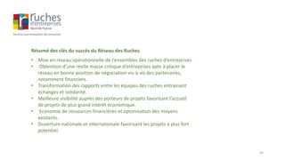 Résumé des clés du succès du Réseau des Ruches
• Mise en réseau opérationnelle de l’ensembles des ruches d’entreprises
• Obtention d’une réelle masse critique d’entreprises apte à placer le
réseau en bonne position de négociation vis-à-vis des partenaires,
notamment financiers.
• Transformation des rapports entre les équipes des ruches entrainant
échanges et solidarité.
• Meilleure visibilité auprès des porteurs de projets favorisant l’accueil
de projets de plus grand intérêt économique.
• Economie de ressources financières et optimisation des moyens
existants.
• Ouverture nationale et internationale favorisant les projets à plus fort
potentiel.
44
 