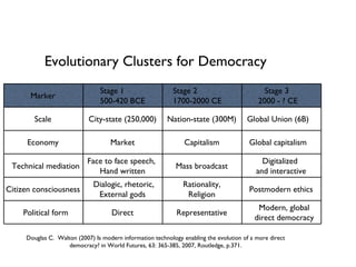 Marker Stage 1 500-420 BCE Stage 2 1700-2000 CE Stage 3  2000 - ? CE Scale Economy Technical mediation Citizen consciousness Political form City-state (250,000) Nation-state (300M) Global Union (6B) Market Capitalism Global capitalism Face to face speech,  Hand written Mass broadcast Digitalized  and interactive Dialogic, rhetoric, External gods Rationality, Religion Postmodern ethics Direct Representative Modern, global direct democracy Evolutionary Clusters for Democracy Douglas C.  Walton (2007) Is modern information technology enabling the evolution of a more direct democracy? in World Futures, 63: 365-385, 2007, Routledge, p.371. 