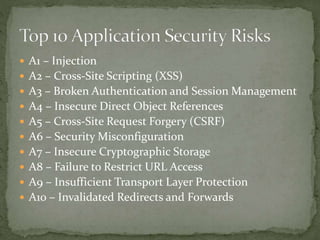 A1 – Injection
 A2 – Cross-Site Scripting (XSS)
 A3 – Broken Authentication and Session Management
 A4 – Insecure Direct Object References
 A5 – Cross-Site Request Forgery (CSRF)
 A6 – Security Misconfiguration
 A7 – Insecure Cryptographic Storage
 A8 – Failure to Restrict URL Access
 A9 – Insufficient Transport Layer Protection
 A10 – Invalidated Redirects and Forwards
 