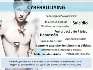 CYBERBULLYING
Contudo, permanece a incerteza se os sintomas se apresentam como
origem ou consequência das agressões online (Kiriakidis & Kavoura, 2010)
Consumo excessivo de substâncias aditivas
Baixa auto-estima
Perturbação de Pânico
Sentimentos de insegurança e angústia
Perturbações do Sono
Depressão
Tentativas de suicídio
Suicídio
Absentismo escolar
Dificuldades de concentração
Perturbações Psicossomáticas
Insucesso escolar
 