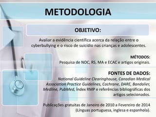METODOLOGIA
OBJETIVO:
Avaliar a evidência científica acerca da relação entre o
cyberbullying e o risco de suicídio nas crianças e adolescentes.
MÉTODOS:
Pesquisa de NOC, RS, MA e ECAC e artigos originais.
FONTES DE DADOS:
National Guideline Clearinghouse, Canadian Medical
Association Practice Guidelines, Cochrane, DARE, Bandolier,
Medline, PubMed, Índex RMP e referências bibliográficas dos
artigos selecionados.
Publicações gratuitas de Janeiro de 2010 a Fevereiro de 2014
(Línguas portuguesa, inglesa e espanhola).
 