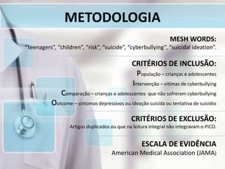 METODOLOGIA
MESH WORDS:
“teenagers”, “children”, “risk”, “suicide”, “cyberbullying”, “suicidal ideation”.
CRITÉRIOS DE INCLUSÃO:
População – crianças e adolescentes
Intervenção – vitímas de cyberbullying
Comparação – crianças e adolescentes que não sofreram cyberbullying
Outcome – sintomas depressivos ou ideação suicida ou tentativa de suicídio
CRITÉRIOS DE EXCLUSÃO:
Artigos duplicados ou que na leitura integral não integravam o PICO.
ESCALA DE EVIDÊNCIA
American Medical Association (JAMA)
 
