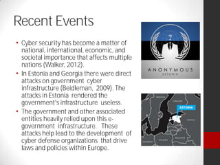 Recent Events
Cyber security has become a matter of
national, international, economic, and
societal importance that affects multiple
nations (Walker, 2012).
ln Estonia and Georgia there were direct
attacks on government cyber
infrastructure (Beidleman, 2009). The
attacks in Estonia rendered the
government's infrastructure useless.
The government and other associated
entities heavily relied upon this e-
government infrastructure. These
attacks help lead to the development of
cyber defense organizations that drive
laws and policies within Europe.
 