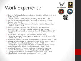 Work Experience
Assistant Professor of Information Systems, University of Missouri- St. Louis,
08/14 - Present
Fulbright Grantee, South Ural State University, Russia, 09/14 - 09/14
ABET CS Accreditation Consultant, Colorado State University - Global
Campus, 04/14-07/14
Assistant Professor of Management Information Systems, Alabama A&M
University, 08/11 - 05/14
Visiting Professor, The University of the Gambia, 03/14 - Present
Visiting Assistant Professor (Honorary) of Industrial and Systems
Engineering, The University of Tennessee, Knoxville & Space Institute, 02/14
- Present
Research Associate, Morgan State University, 08/10 - 08/11
Engineering Manager, Textron Systems - AAI Unmanned Air Systems (UAS)
Division, 01/10 - 08/11
Information Assurance Director, Future Research Corporation, 07/08 - 12/09
Senior Program Manager, Rockwell Collins - Government Systems Division,
Scout, Attack & Special Mission Solutions, 06/06 - 07/08
Senior Systems Engineer, Rockwell Collins - Government Systems Division,
Rotary Wing & Cryptographic Embedded Systems, 08/04 - 06/08
Information Assurance Engineer, British Aerospace Engineering (BAE)
Systems - Missile Defense Agency (MDA) Support, 05/04 - 08/04
Cryptographic Technician, United States Navy Reserves, 10/05 - 09/08
Senior Systems Analyst, Iowa National Guard, 01/00 - 10/05
 