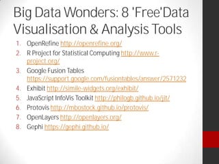 Big Data Wonders: 8 'Free'Data
Visualisation & Analysis Tools
1. OpenRefine http://openrefine.org/
2. R Project for Statistical Computing http://www.r-
project.org/
3. Google Fusion Tables
https://support.google.com/fusiontables/answer/2571232
4. Exhibit http://simile-widgets.org/exhibit/
5. JavaScript InfoVis Toolkit http://philogb.github.io/jit/
6. Protovis http://mbostock.github.io/protovis/
7. OpenLayers http://openlayers.org/
8. Gephi https://gephi.github.io/
 