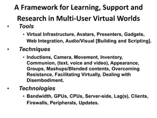 • Tools
• Virtual Infrastructure, Avatars, Presenters, Gadgets,
Web Integration, Audio/Visual [Building and Scripting].
• Techniques
• Inductions, Camera, Movement, Inventory,
Communion, (text, voice and video), Appearance,
Groups, Mashups/Blended contents, Overcoming
Resistance, Facilitating Virtually, Dealing with
Disembodiment.
• Technologies
• Bandwidth, GPUs, CPUs, Server-side, Lag(s), Clients,
Firewalls, Peripherals, Updates.
A Framework for Learning, Support and
Research in Multi-User Virtual Worlds
 