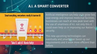 Artificial Intelligence can help us to grow fast,
save energy and improve medicinal facilities,
businesses can reach at new peak level with
the use of smartness of A.I. not only this it
could even help us in improving our Nation’s
security.
This new upcoming technologies can
eventually and smartly can boost up our
requirements and it even more efficient than
before.
A.I. A SMART CONVERTER
 