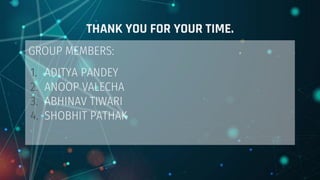 GROUP MEMBERS:
1. ADITYA PANDEY
2. ANOOP VALECHA
3. ABHINAV TIWARI
4. SHOBHIT PATHAK
THANK YOU FOR YOUR TIME.
 