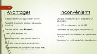 Bibliothèque de topologies et scénarios
19
Avantages Inconvénients
Indépendant d’une application cliente Chaque utilisateur ne peut exécuter d’un
laboratoire
Possibilité d’exécuter plusieurs laboratoire
simultané port TCP pour la session telnet :128
Le nombre de nœuds par laboratoire :63Capture locale avec Wireshark
Client local Telnet et VNC Absence de Threat Intelligence / générateur
De trafic.
Absence d’un système de Suivi des utilisateurs
Bibliothèque de topologies et scénarios
Possibilité d’avoir trois types d’utilisateurs
déploiement sur Cloud public en mode IaaS
 