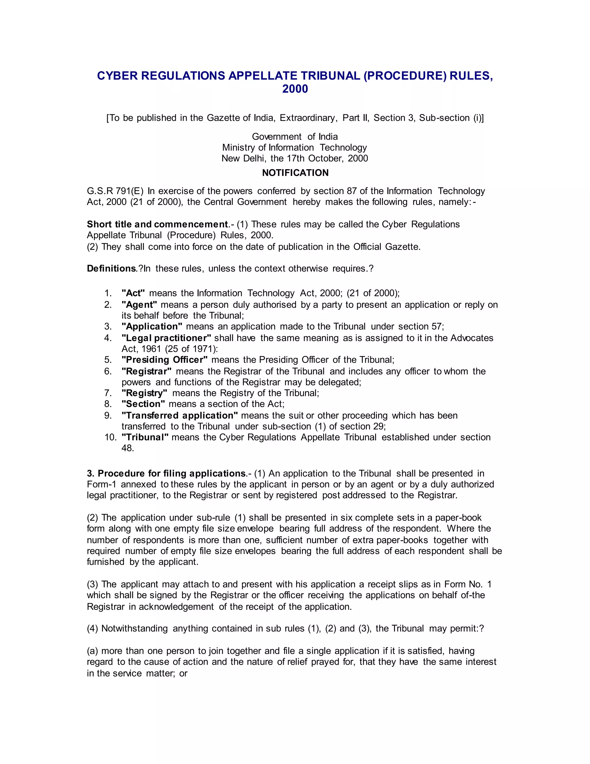 Cyber regulations appellate tribunal (procedure) rules, 2000 PDF