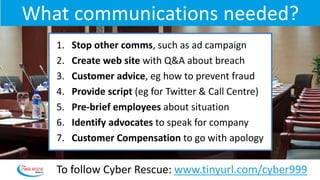 What communications needed?
1. Stop other comms, such as ad campaign
2. Create web site with Q&A about breach
3. Customer advice, eg how to prevent fraud
4. Provide script (eg for Twitter & Call Centre)
5. Pre-brief employees about situation
6. Identify advocates to speak for company
7. Customer Compensation to go with apology
To follow Cyber Rescue: www.tinyurl.com/cyber999
 