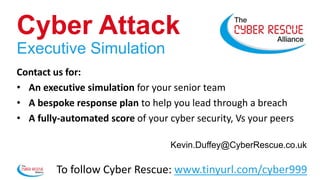 Cyber Attack
Executive Simulation
Contact us for:
• An executive simulation for your senior team
• A bespoke response plan to help you lead through a breach
• A fully-automated score of your cyber security, Vs your peers
Kevin.Duffey@CyberRescue.co.uk
To follow Cyber Rescue: www.tinyurl.com/cyber999
 